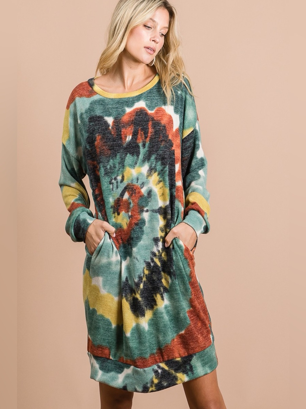 Tie Dye Print Knit Dress with Side Pocket